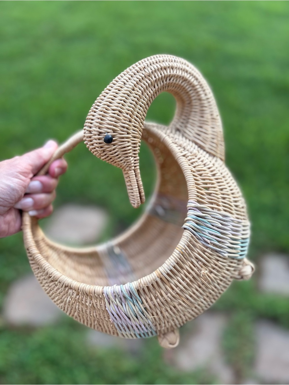 Handwoven Swan-Shaped Wicker Basket - Natural Tan with Pastel Accents